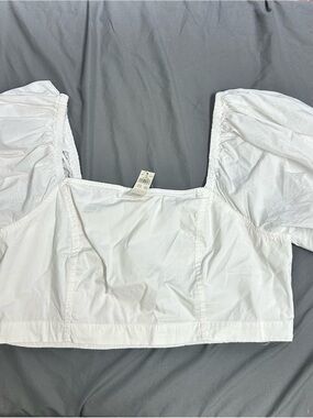 Aerie XL Smock Crop Top Shirt Womens Puff Sleeve Square Neck White Glam Western